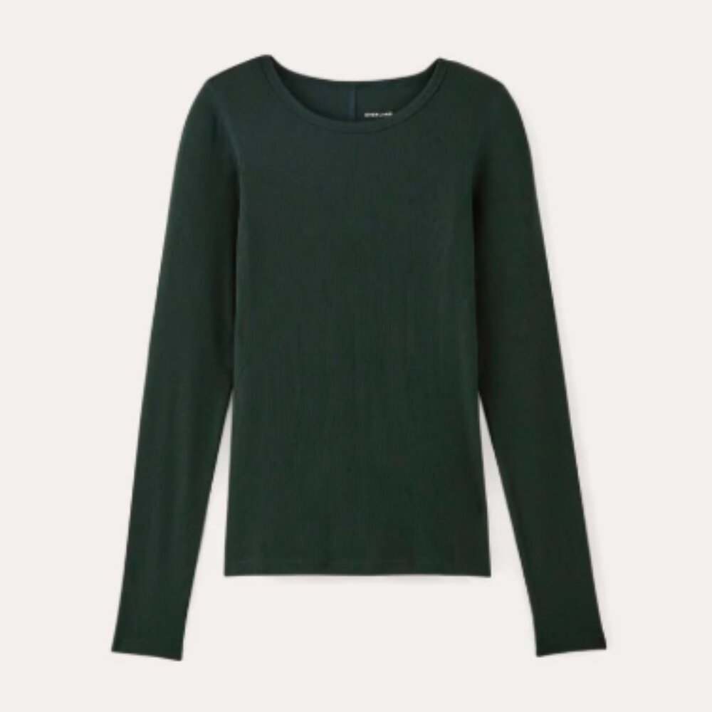 Everlane The Luxe Rib Long-Sleeve Crew, dark green (size small)